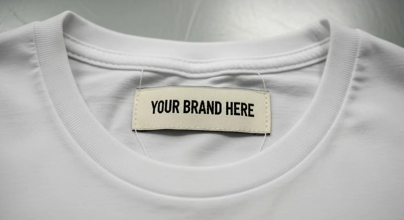 A flat lay closeup of white custom label t-shirt.