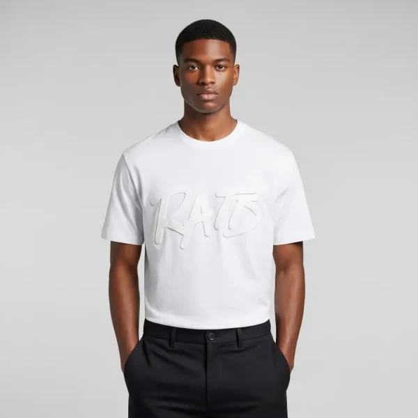 A male model wearing white embossed t-shirt.