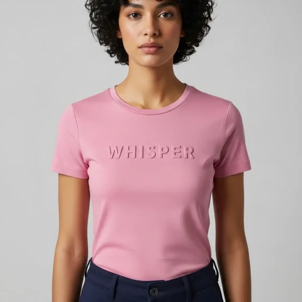 A woman wearing pink embossed t-shirt.