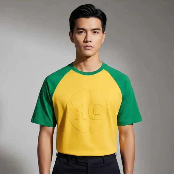 Yellow embossed t-shirt with green ragflaan sleeves.