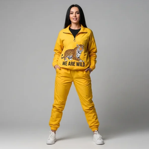 Model in a vibrant yellow nylon tracksuit with a "WE ARE WILD" jaguar print on the chest.