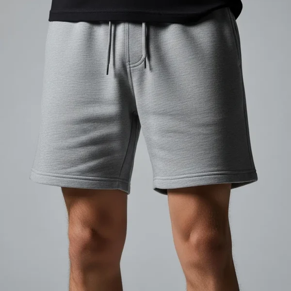 A pair of cotton sweat shorts with a standard 7-inch inseam and elastic waistband.