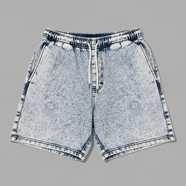 Charcoal gray sweat shorts with a heavy acid-washed finish for a marbled, vintage aesthetic.