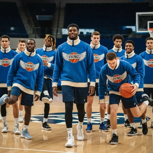 A basketball team wearing warm-up pullovers with chenille patches.