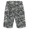 Black and white leaf and branches camo mesh shorts back.