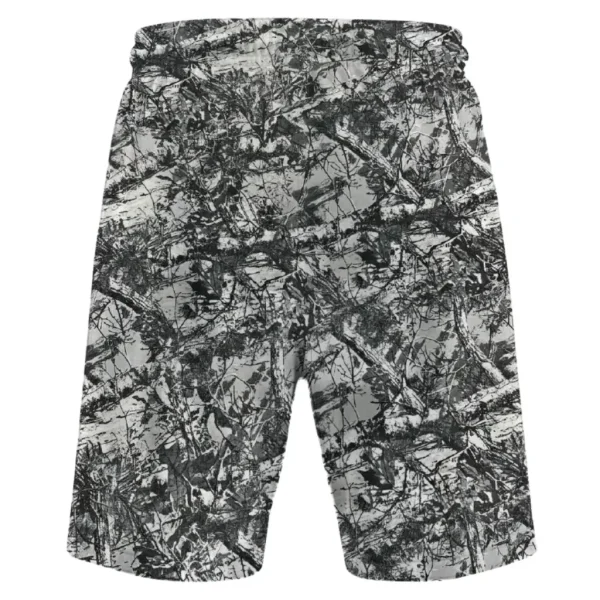 Black and white leaf and branches camo mesh shorts back.