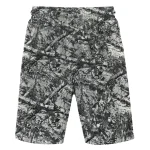 Black and white leaf and branches camo mesh shorts front.