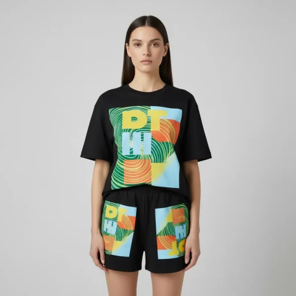 Black screen-printed shorts set.