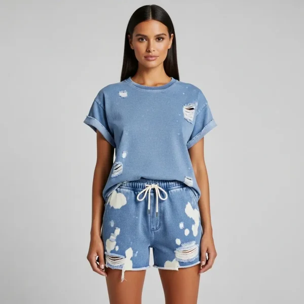 Blue distressed shorts set.