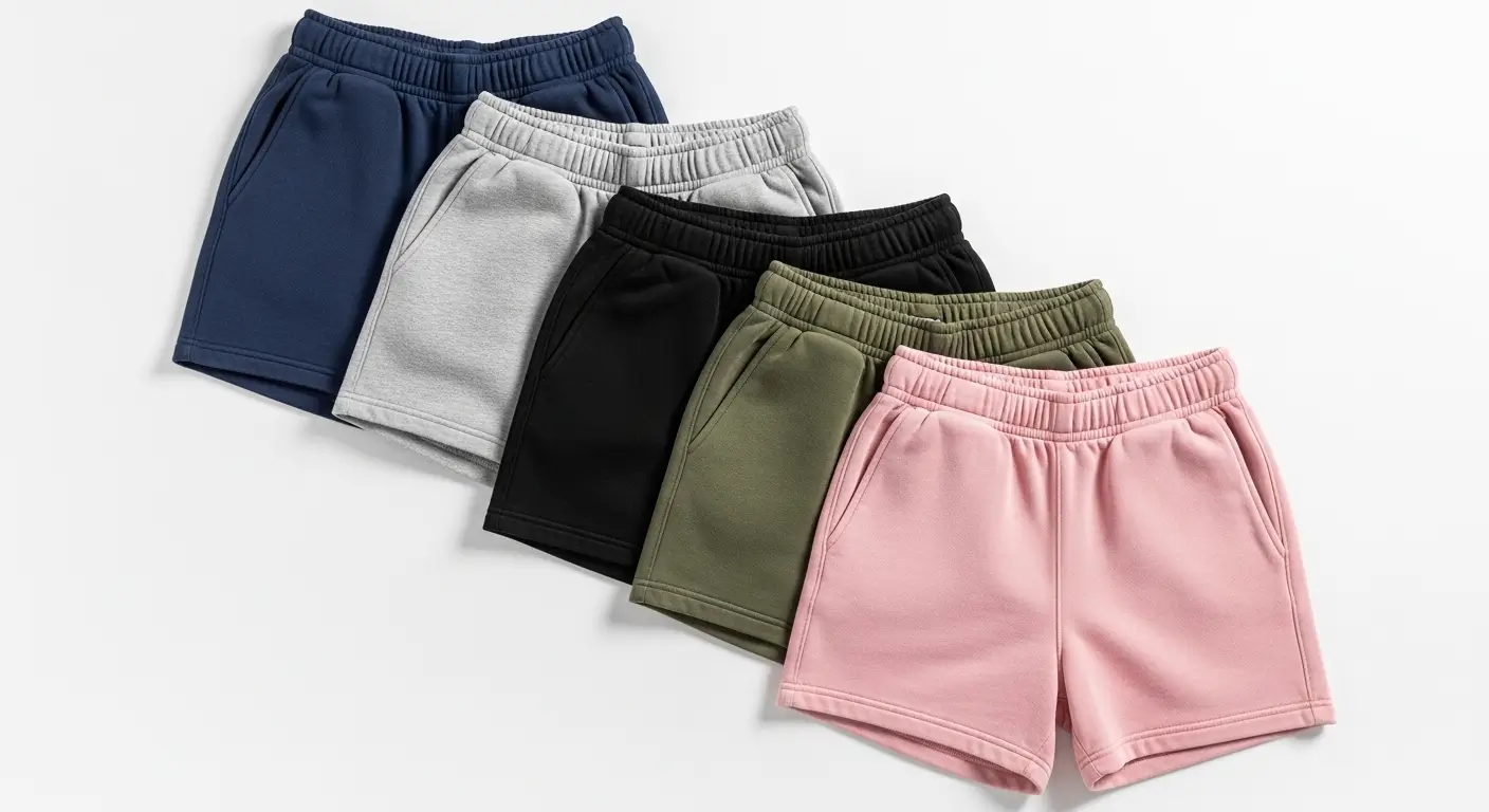 A collection of fleece custom sweat shorts displayed in multiple colors including blue, gray, black, green, and pink.