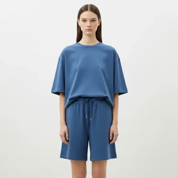 Blue oversized fit shorts set.