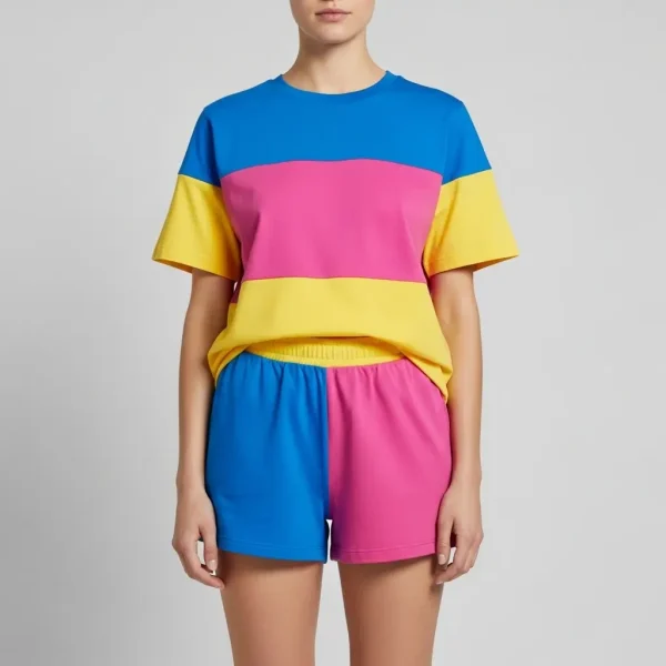 A model wearing blue, pink, and yellow color block shorts set.