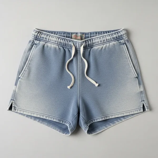 Light blue sweat shorts with a sun-faded aesthetic and soft, worn-in texture.