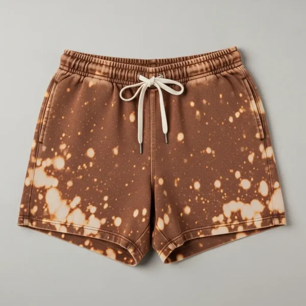 Brown cotton sweat shorts featuring a custom bleach-splatter wash and distressed edges.