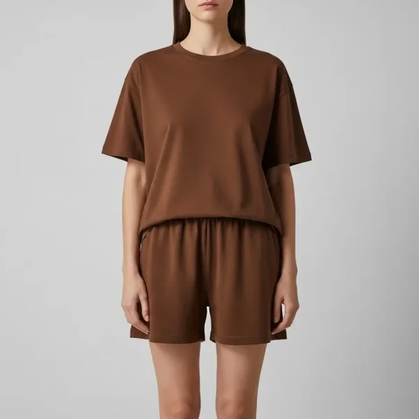 Brown relaxed fit shorts set.