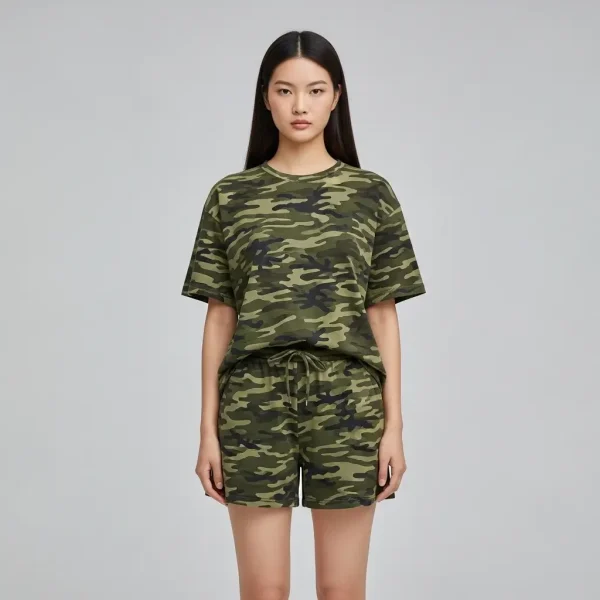 A model wearing camo shorts set (camo t-shirt and shorts set).
