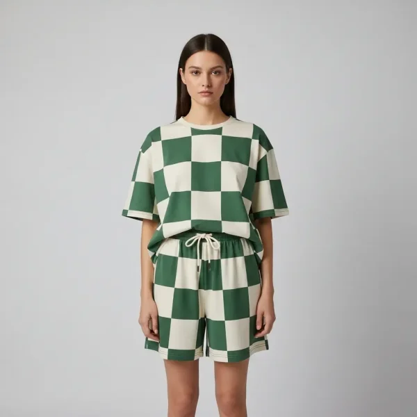 A model wearing big green checks patterned shorts set.