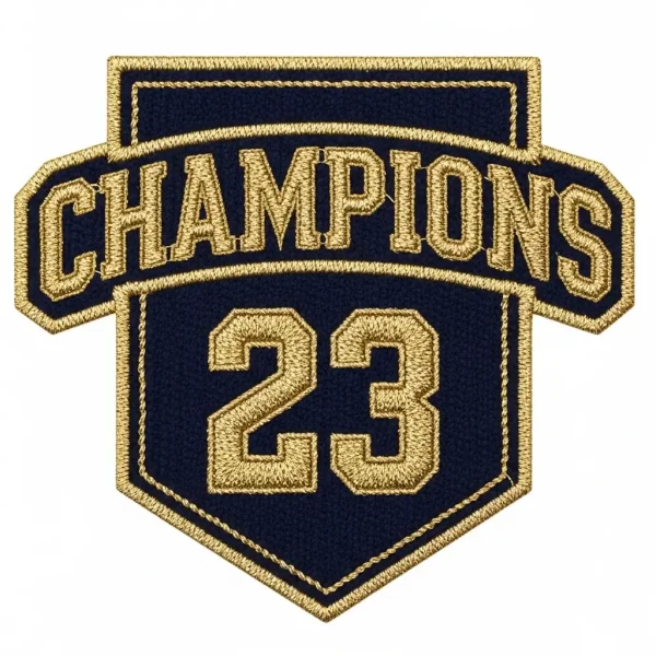 A patch for a championship title with gold metallic thread woven into the chenille.