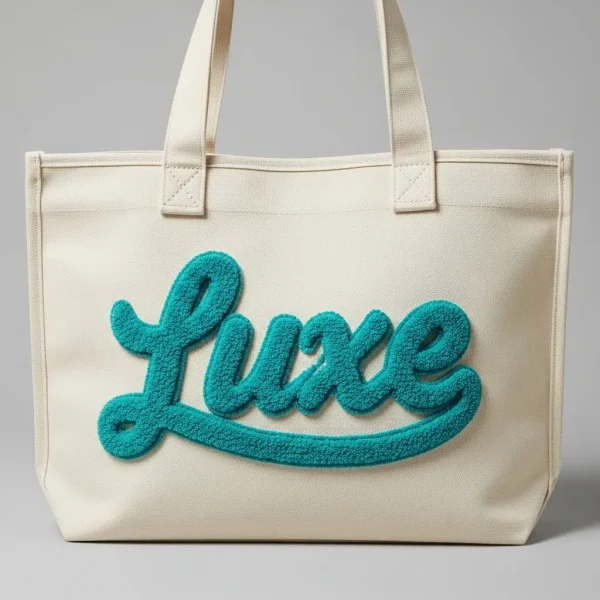 A branded tote bag with a chenille logo.