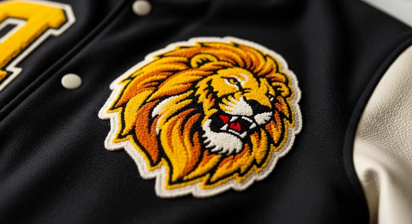 A lion chenille patch on black varsity jacket.