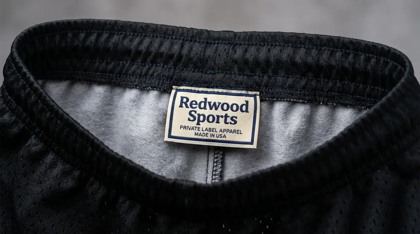 A closeup of custom private label black mesh shorts.