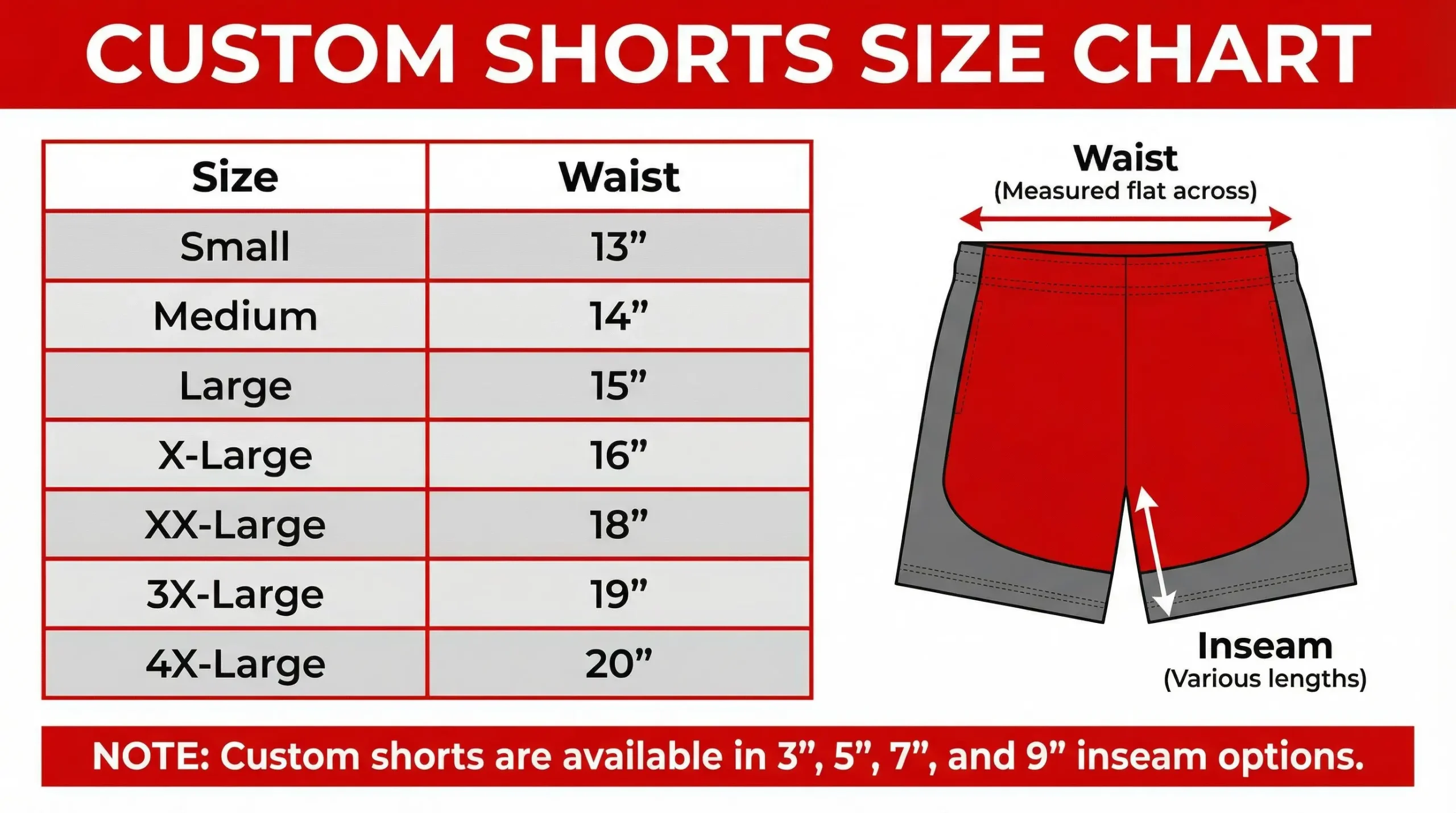 Custom shorts size charts.