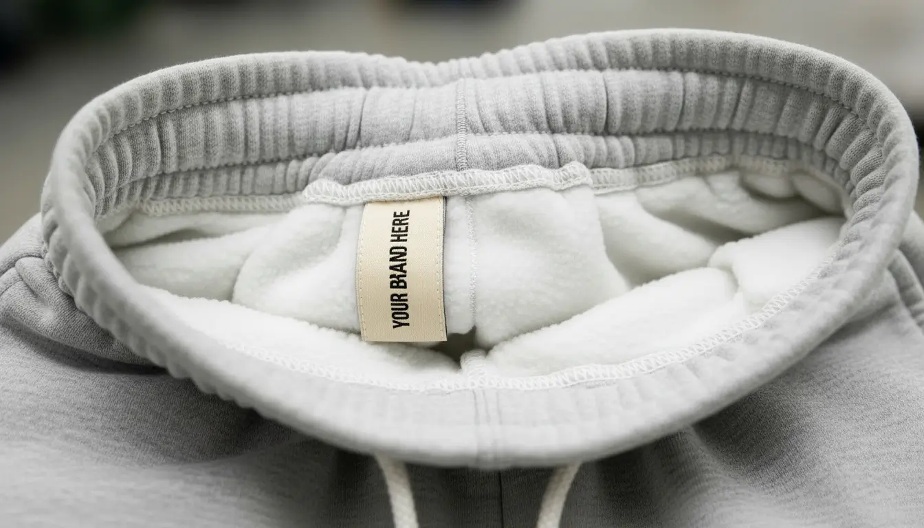 Close-up of a custom woven brand label and size tag stitched into the inner waistband of fleece sweat shorts.