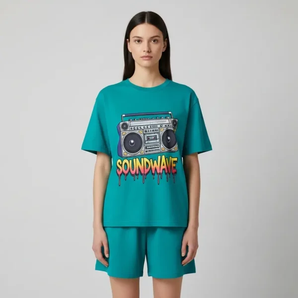 Cyan DTG printed shorts set.