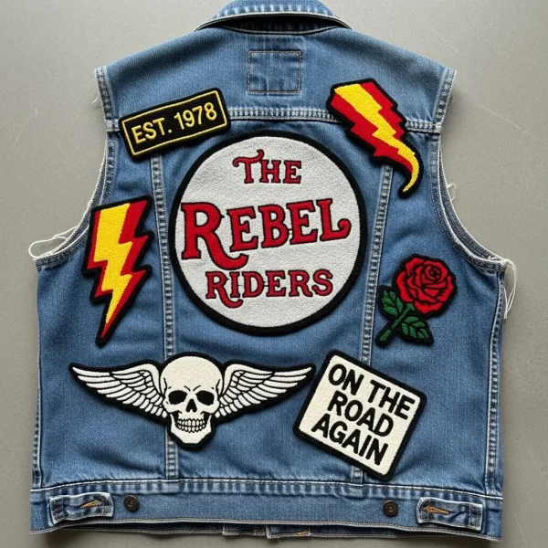 A denim vest covered in various chenille patches, including a large, central custom chenille patch for a club.