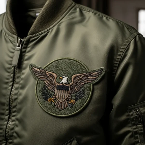 A subdued color eagle chenille patch on a flight jacket.