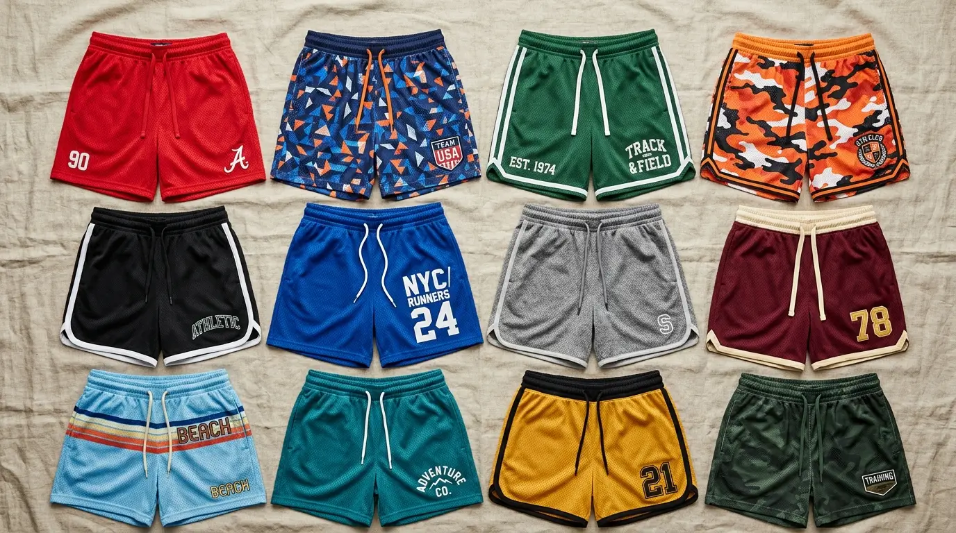 Close-up of custom mesh shorts showcasing a combination of vibrant sublimated patterns and detailed embroidery.