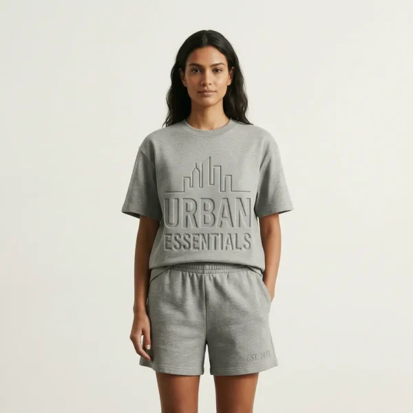 Gray debossed custom shorts set.