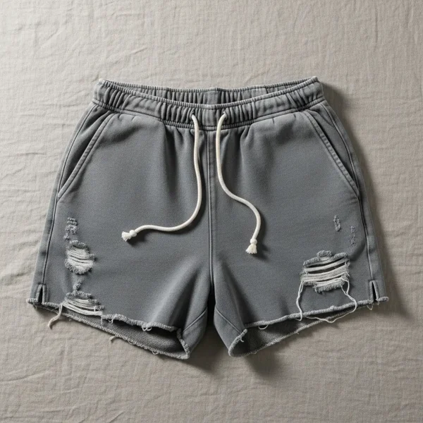 Gray cotton sweat shorts featuring a distressed vintage look and raw-cut leg hems.