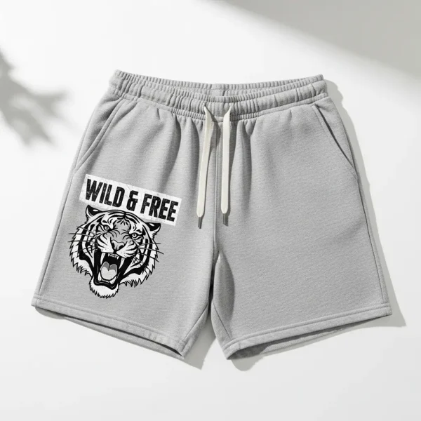 Athletic gray sweat shorts with a classic white screen-printed logo on the left thigh.