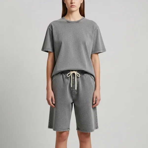 Gray stone washed shorts set.