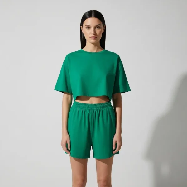 Green cropped fit shorts set.