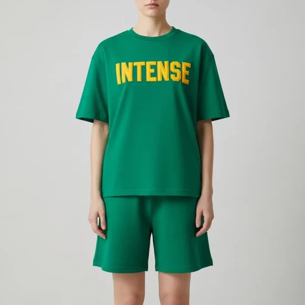 Green puff print shorts set.