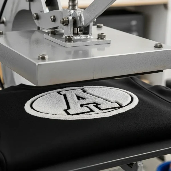 A press being lowered onto a chenille patch on a sweatshirt.