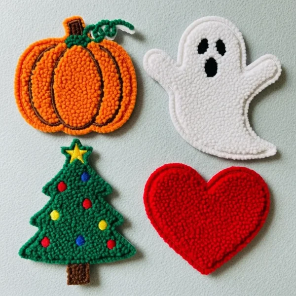 A collection of holiday chenille patches: a pumpkin, a ghost, a Christmas tree, and a heart for Valentine's Day.
