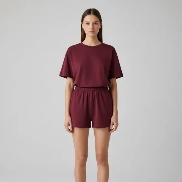 Maroon high wasted fit shorts set.
