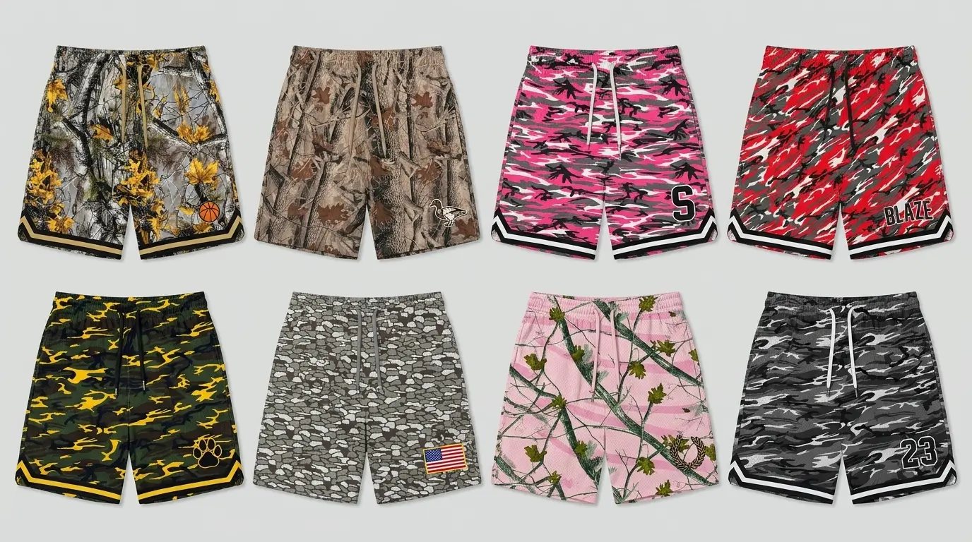 Multiple custom camo mesh shorts.