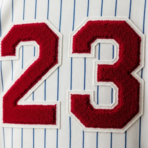 A close-up of a large "23" chenille number patch on a baseball jersey.