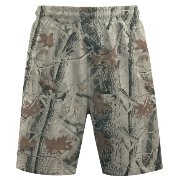 Open forest camo mesh shorts front.