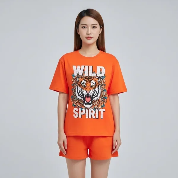 Orange DTF printed shorts set.