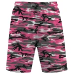 Pink woodland camo mesh shorts front.