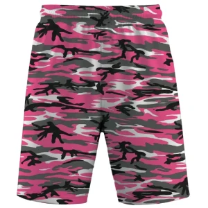 Pink woodland camo mesh shorts front.