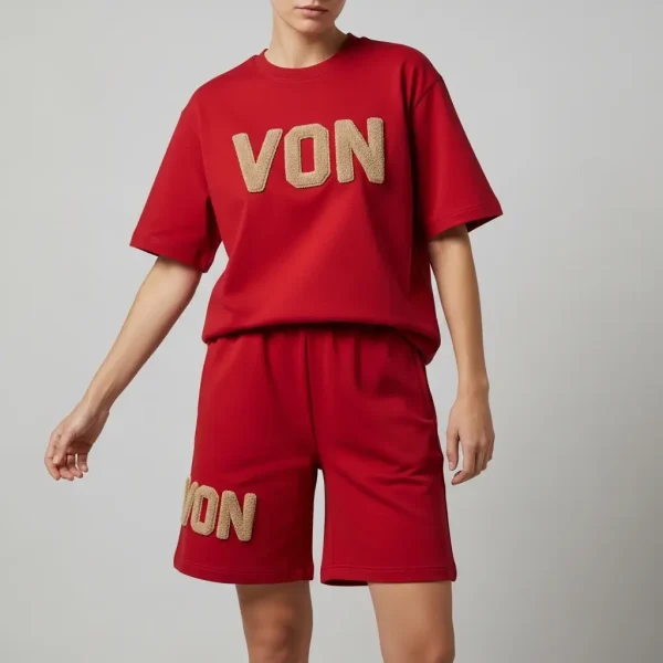 Red chenille custom shorts set.