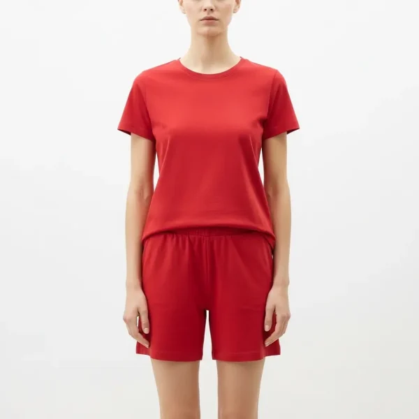 Red slim fit shorts set.