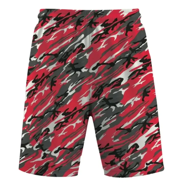 Red woodland camo mesh shorts front.