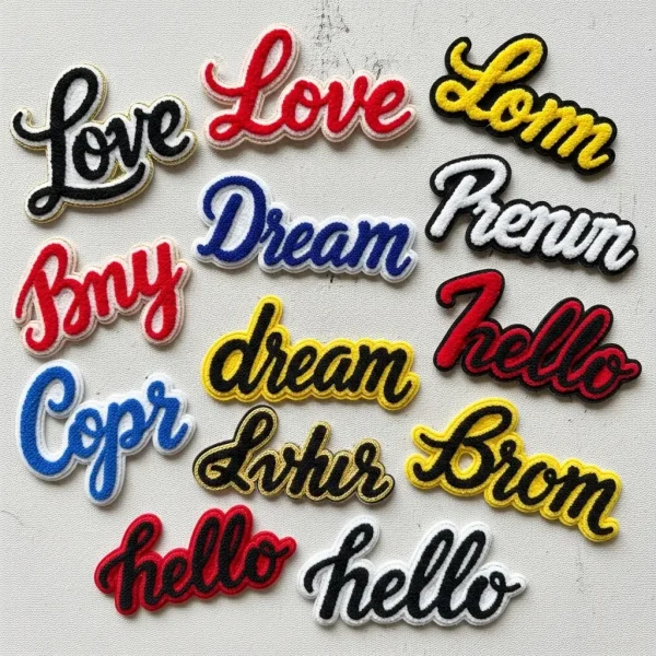 A flat lay shot of script / cursive chenille patches.